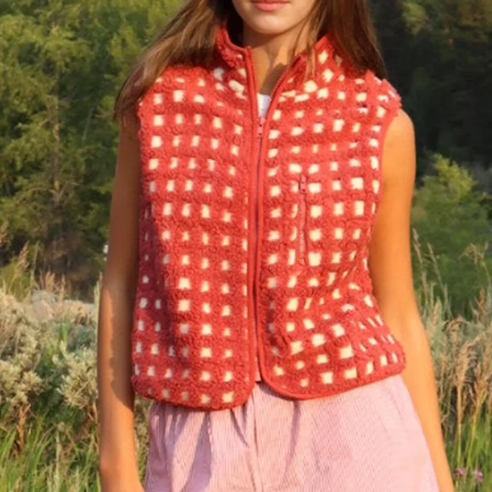 Womens Checkered Sherpa Vest Fleece Jacket Lightweight Zip Up Sleeveless Crochet
